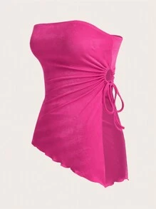 SHEIN EZwear Summer Outing Drawstring Side Asymmetrical Hem Tube Top - Hot Pink - View 2