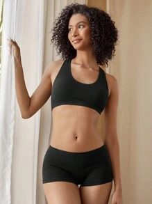 Ocili Leisure Extremely Stretchy Seamless & Skin-Friendly Non-Removable Padding Solid Vest Bra & Panty Sets-Black - Black - View 7