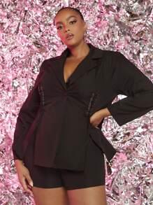 SHEIN SXY Plus Lapel Neck Blazer & Shorts - Black - View 5