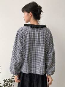 FRIFUL Gingham Print Ruffle Trim Tie Neck Lantern Sleeve Blouse - Black and White - View 2