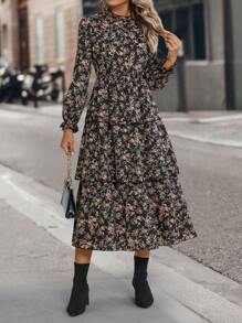 SHEIN Clasi 波西米亞揉皺 多層分層花卉印花 全身印花女士連衣裙 - 黑色 - 查看 7