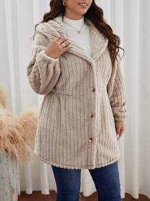 SHEIN Frenchy Plus Drop Shoulder Hooded Flannelette Coat Winter Fall Autumn - Apricot - View 4