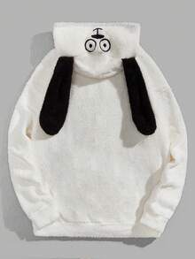 Manfinity RebelGame 宽松版型男士卡通刺绣 3D 耳朵设计抽绳连帽泰迪夹克 - 米色 - 查看 6