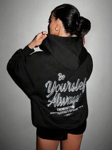 SHEIN SXY Slogan Graphic Drop Shoulder Hoodie New Years Eve Party Sexy Long Sleeve Sweatshirt - Black - View 1