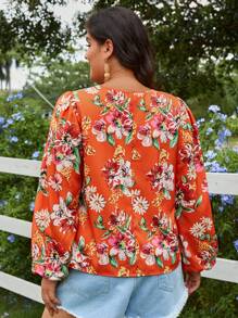 SHEIN VCAY Cộng với áo sơ mi tay đèn lồng in hoa - Nhiều màu - Xem 4