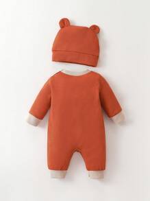 SHEIN Baby Girl Slogan Graphic Contrast Binding Button Detail Jumpsuit & 3D Ear Design Hat - Orange - View 2