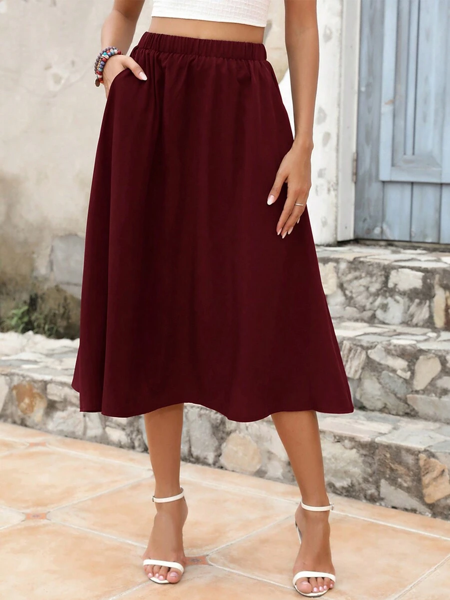 Solid Slant Pocket Flare Skirt - Burgundy - View 1