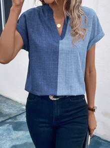 SHEIN LUNE Two Tone Batwing Sleeve Notched Neckline Blouse - Blue - View 6