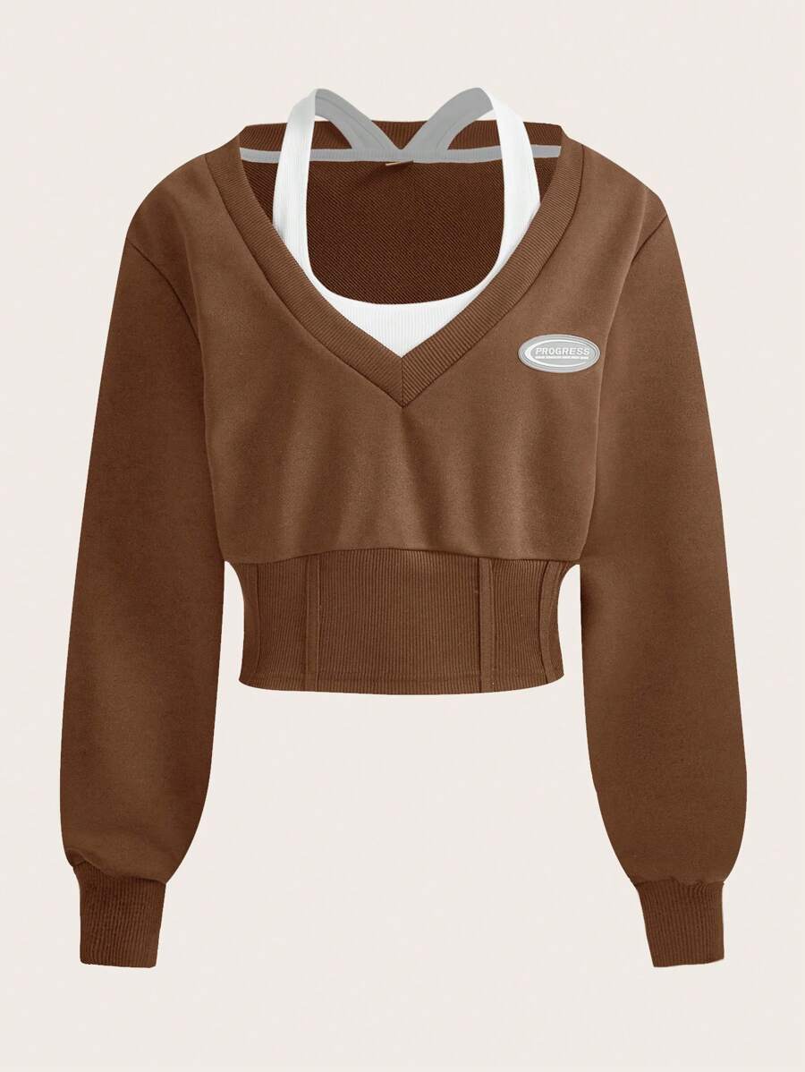 SHEIN EZwear 字母貼布二合一運動衫 - 咖啡棕 - 查看 1