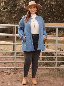 EMERY ROSE 大碼落肩袖前紐扣絎縫外套 - 霧霾藍 - 查看 5