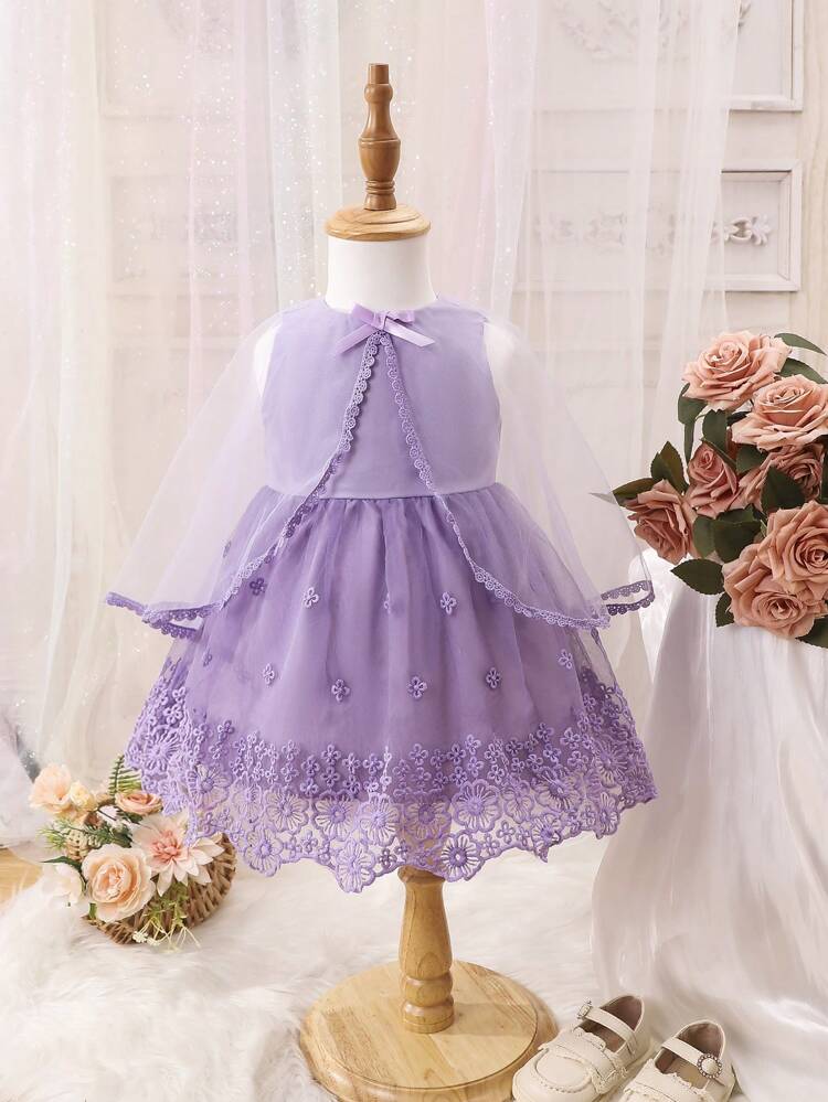 Baby Girl Contrast L Bow Front Mesh Overlay Dress