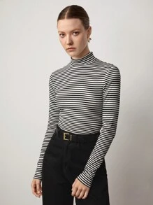 BizChic 女式黑白条纹高领长袖修身 T 恤，适合外出、办公室、商务休闲、秋季的基本款上衣 - 黑與白 - 查看 6