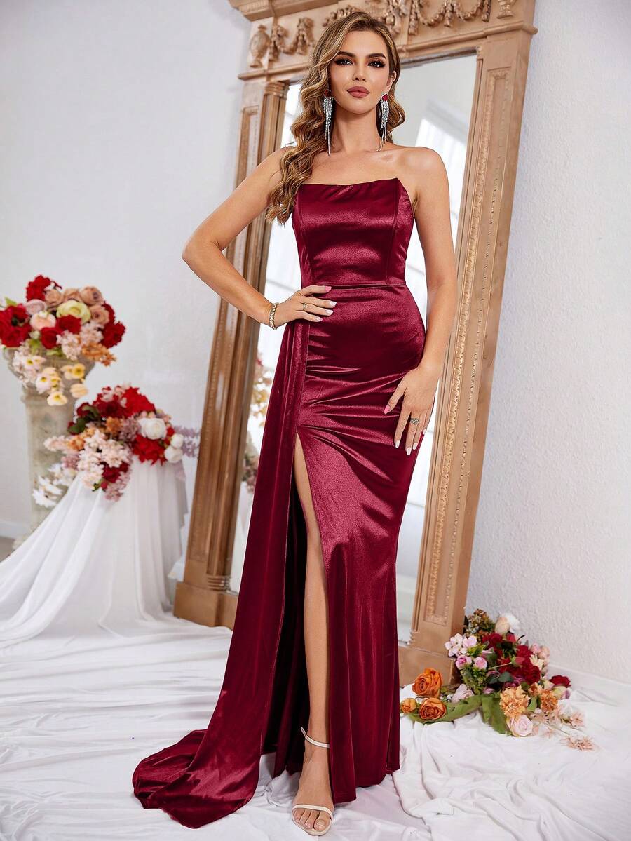 LOVE&LEMONADE Split Thigh Satin Formal Dress - Burgundy - View 1