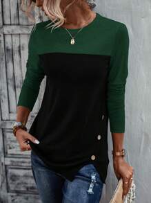 SHEIN LUNE 双色纽扣细节不对称下摆 T 恤图案 T 恤女式上衣 - 墨綠色 - 查看 1