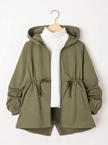 SHEIN Cô gái Tween Eo dây rút Áo trùm đầu Không có áo len - xanh quân đội - Xem 4