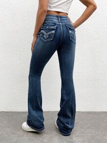 SHEIN EZwear 水鑽和刺繡細節牛仔喇叭褲