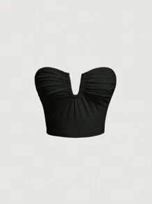 SHEIN MOD V-bar Ruched Bustier Crop Tube Top - Black - View 1