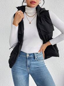 SHEIN Frenchy Drawstring Waist Zipper Hooded Vest Padded Coat - Black - View 5