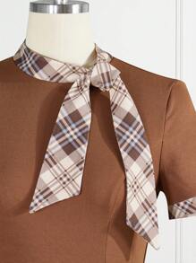 Vintamour 格纹领带细节连衣裙音乐会夏季女士长裙夏季连衣裙带袖连衣裙复古服装卡其色复古连衣裙旧钱美学栗色棕色 - 咖啡棕 - 查看 4