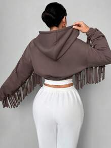 SHEIN SXY Áo hoodie có dây rút viền tua rua, thích hợp cho tiệc đêm giao thừa, kiểu dáng gợi cảm. - Màu nâu  Mocha - Xem 2