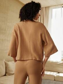 Ocili Leisure Drop Shoulder Button Front Lounge Top - Brown - View 3