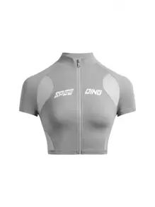 SHEIN EZwear Monogram Zip Cropped Stand Collar Slim Fit T-Shirt - Grey - View 1