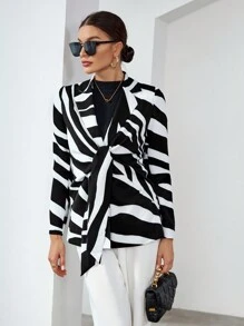 SHEIN Privé Allover Print Knot Front Blazer - Black and White - View 7
