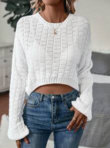 SHEIN Essnce Chất rắn Dệt kim chấm bi Thả vai Áo len - trắng - Xem 1