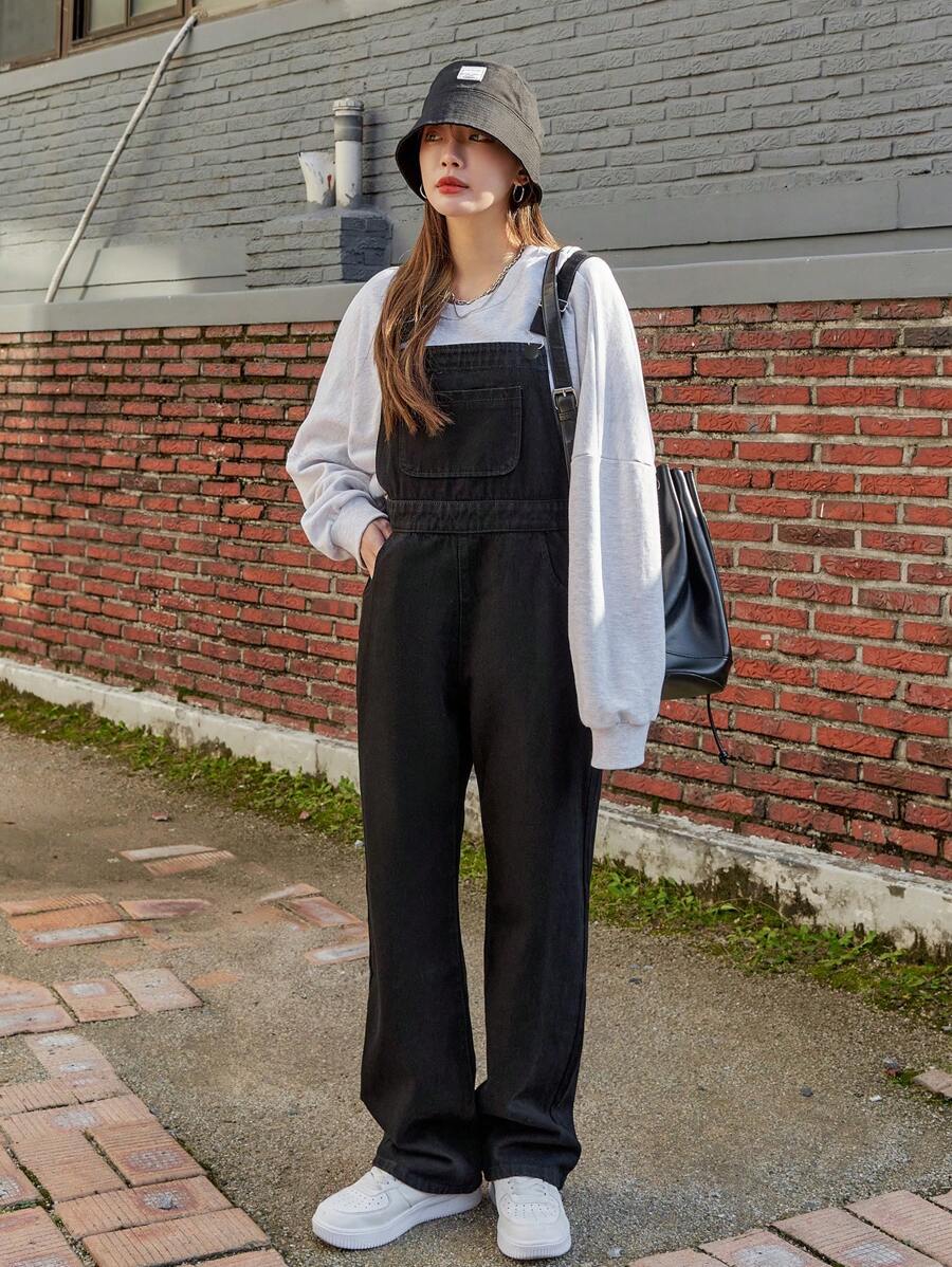 DAZY Slant Pocket Denim Dungarees Without Sweatshirt - Black - View 1