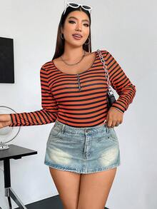 Flirla Plus Halloween Striped Print Half Zip Tee - Orange - View 6