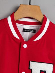 Manfinity RebelGame Áo khoác Varsity kẻ sọc vá chữ cỡ lớn cho nam - Đỏ và trắng - Xem 5