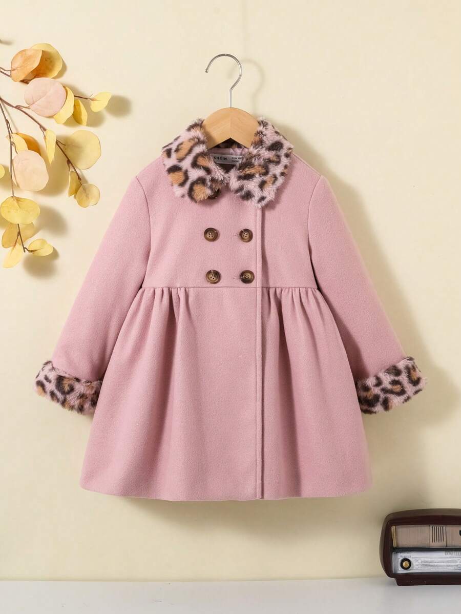 SHEIN Young Girl Leopard Pattern Borg Collar Double Breasted Overcoat - Pink - View 1