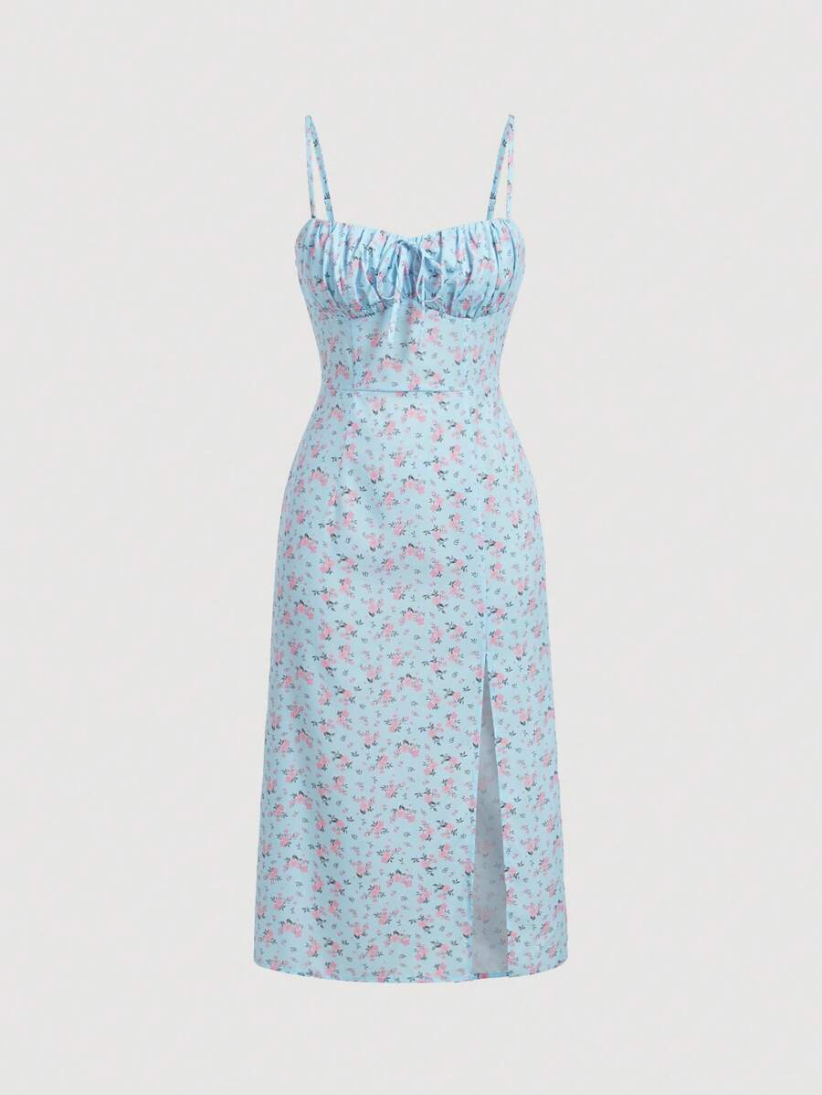 SHEIN MOD Vestido de tirantes con estampado floral pecho con fruncido de muslo con abertura - Multicolor - Ver 1