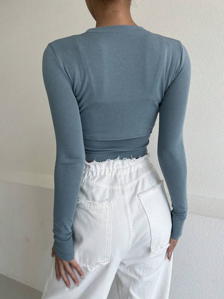 Solid Cut Out Crop Tee Long Sleeve Women Tops