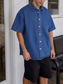 Manfinity Hypemode Men Drop Shoulder Denim Shirt - Blue - View 5