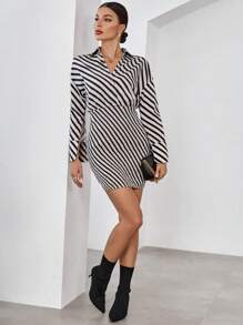 SHEIN Privé Vestido ajustado con estampado de rayas de manga con abertura