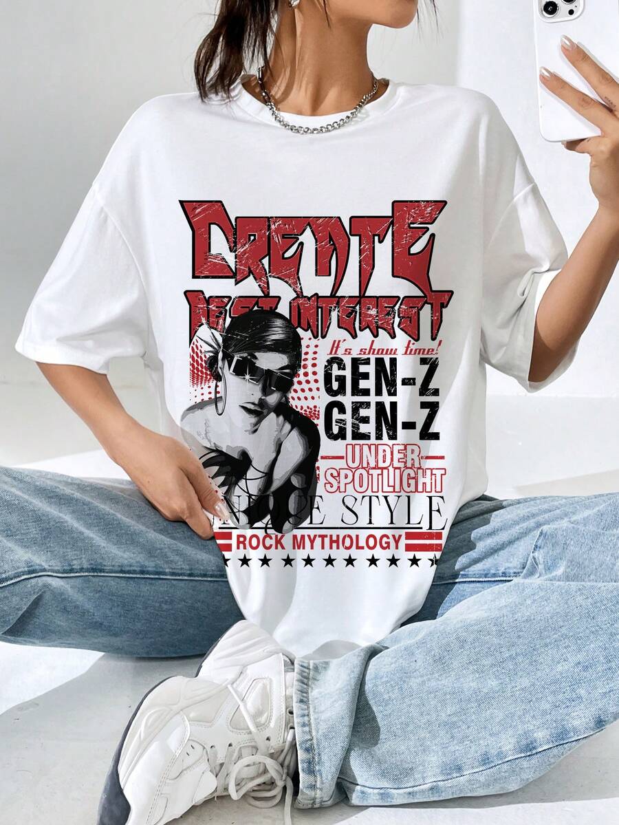 SHEIN EZwear Figure & Slogan Graphic Drop Shoulder Tee - White - View 1