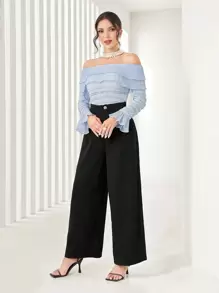 Modelyn Off Shoulder Flare Sleeve Top & Wide Leg Pants 2 Piece Set - Black - View 6