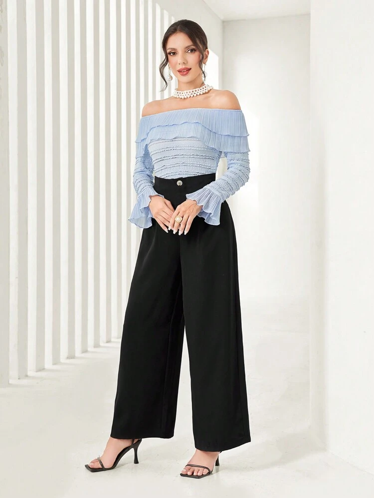 Off Shoulder Flare Sleeve Top & Wide Leg Pants 2 Piece Set