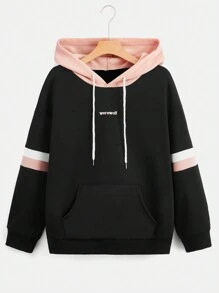 Sweetra Plus Letter Embroidery  Pocket Drawstring Hoodie Winter Fall Autumn - Black - View 1