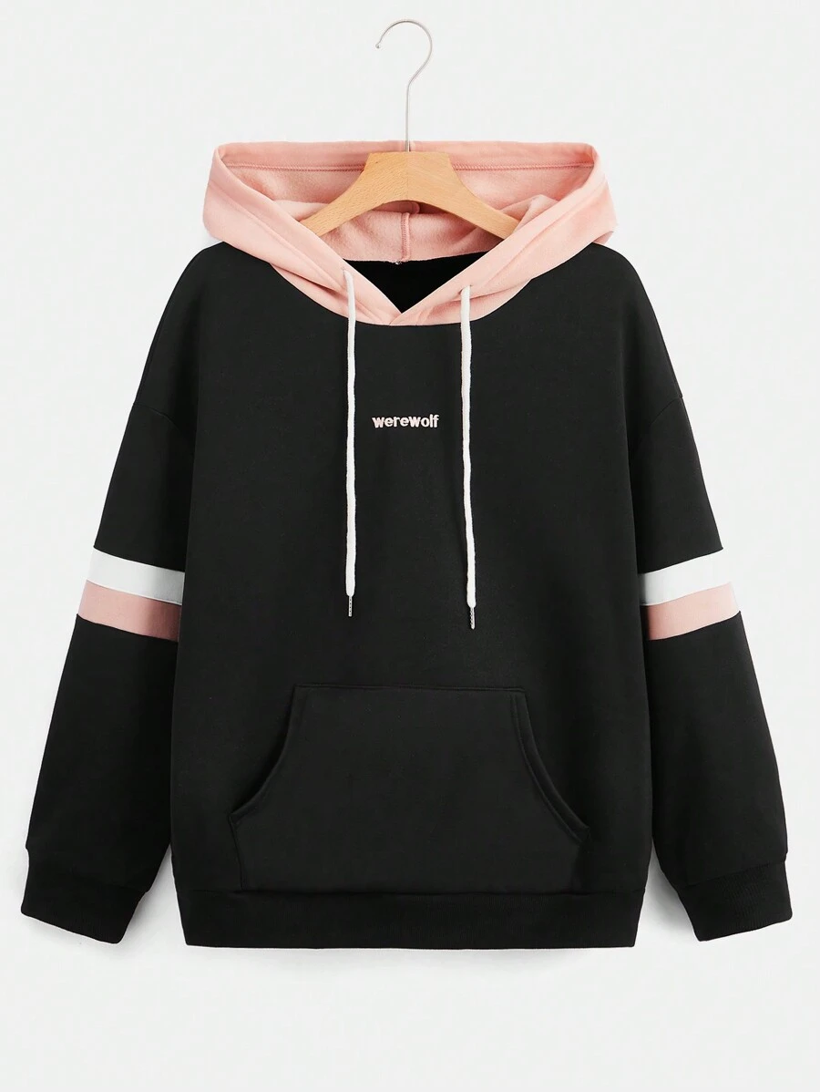 Sweetra Plus Letter Embroidery  Pocket Drawstring Hoodie Winter Fall Autumn - Black - View 1