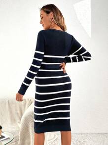 SHEIN Maternity Striped Pattern Belted Sweater Dress, For Winter - Blue and White - View 2