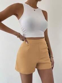SHEIN Clasi Solid Slant Pocket Shorts - Khaki - View 4