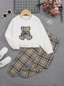 SHEIN Young Girl Casual Fleece Round Neck Sweatshirt And Grid Pattern Elastic Cuff Long Pants - Multicolor - View 3