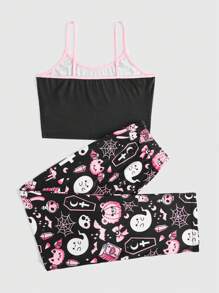 ROMWE Kawaii 卡通图案撞色装订睡衣套装，学校 - 彩色 - 查看 2