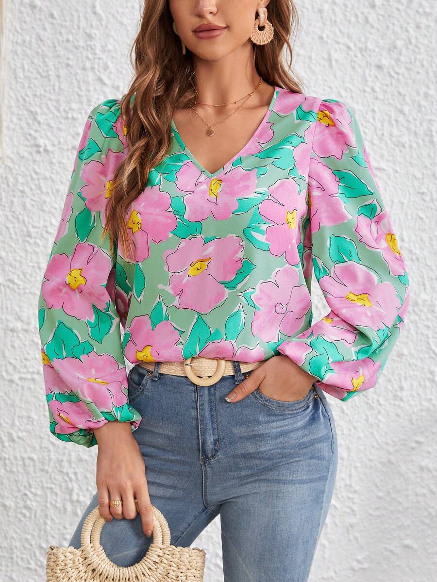 SHEIN VCAY Floral Print Lantern Sleeve Blouse - Green - View 1