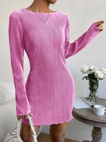 SHEIN EZwear 素色木耳邊緊身洋裝 - 粉色 - 查看 1