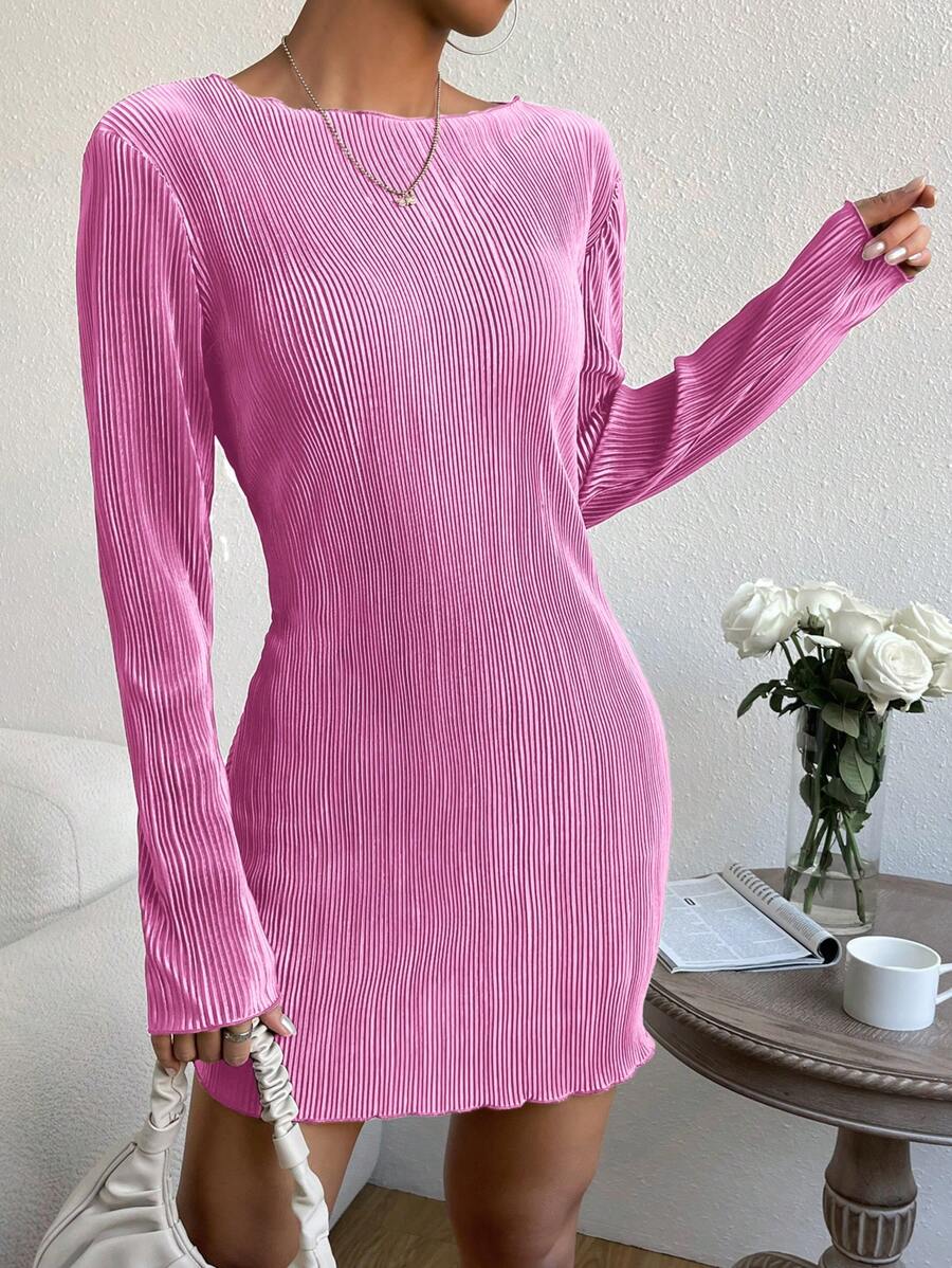SHEIN EZwear 素色木耳邊緊身洋裝 - 粉色 - 查看 1