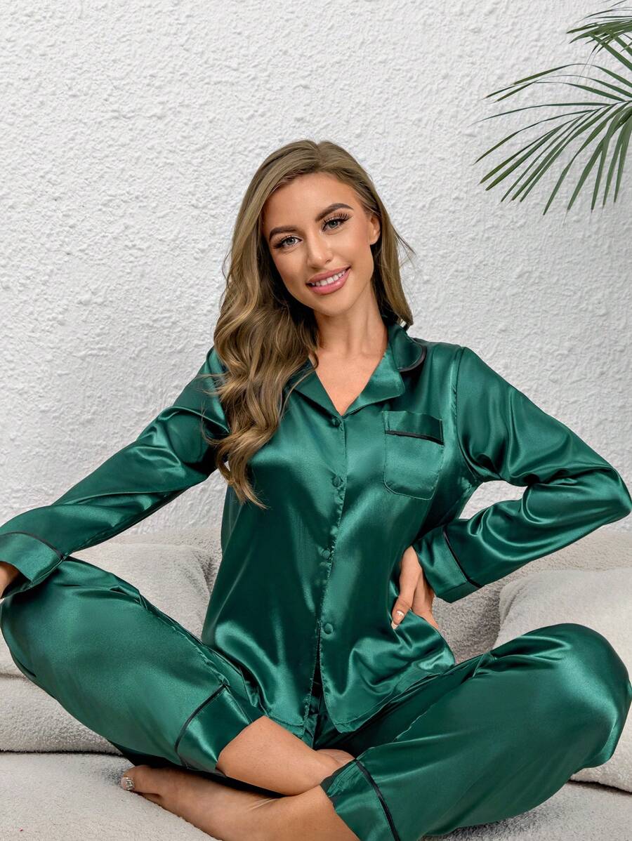 Contrast Piping Satin PJ Set / Pajama Set, Fall Clothes - Green - View 1