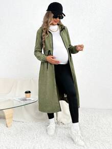 SHEIN Maternity Zip Up Drawstring Waist Hooded Coat - Army Green - View 4